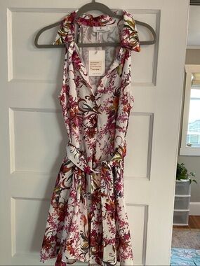 Floral Tie-Waist Midi Dress - White with Pink & Orange Floral Greece